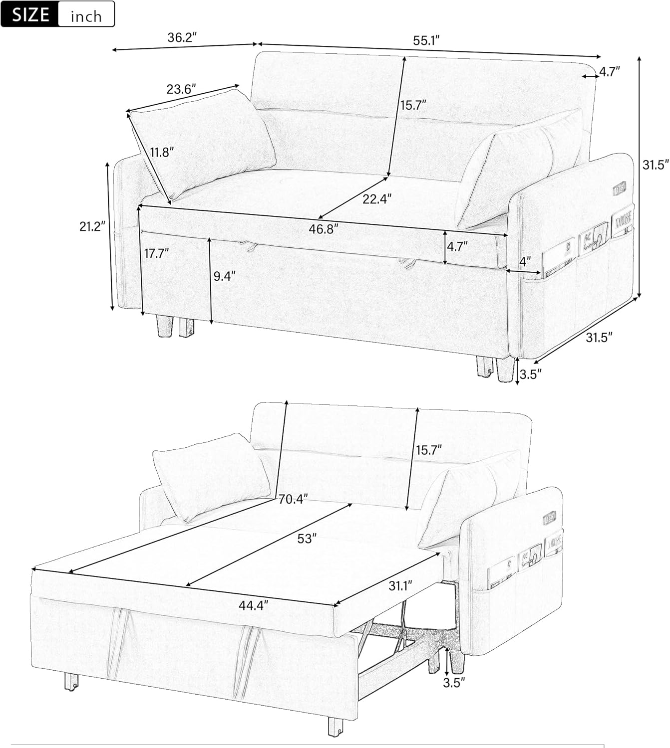55" Sleeper Sofa with Pull Out Bed, Futon Couch w/USB Ports, 3-in-1 Convertible Loveseats w/Adjustable Backrest, Side Storage Pockets & Two Pillows for Living Room, Apartment, Beige
