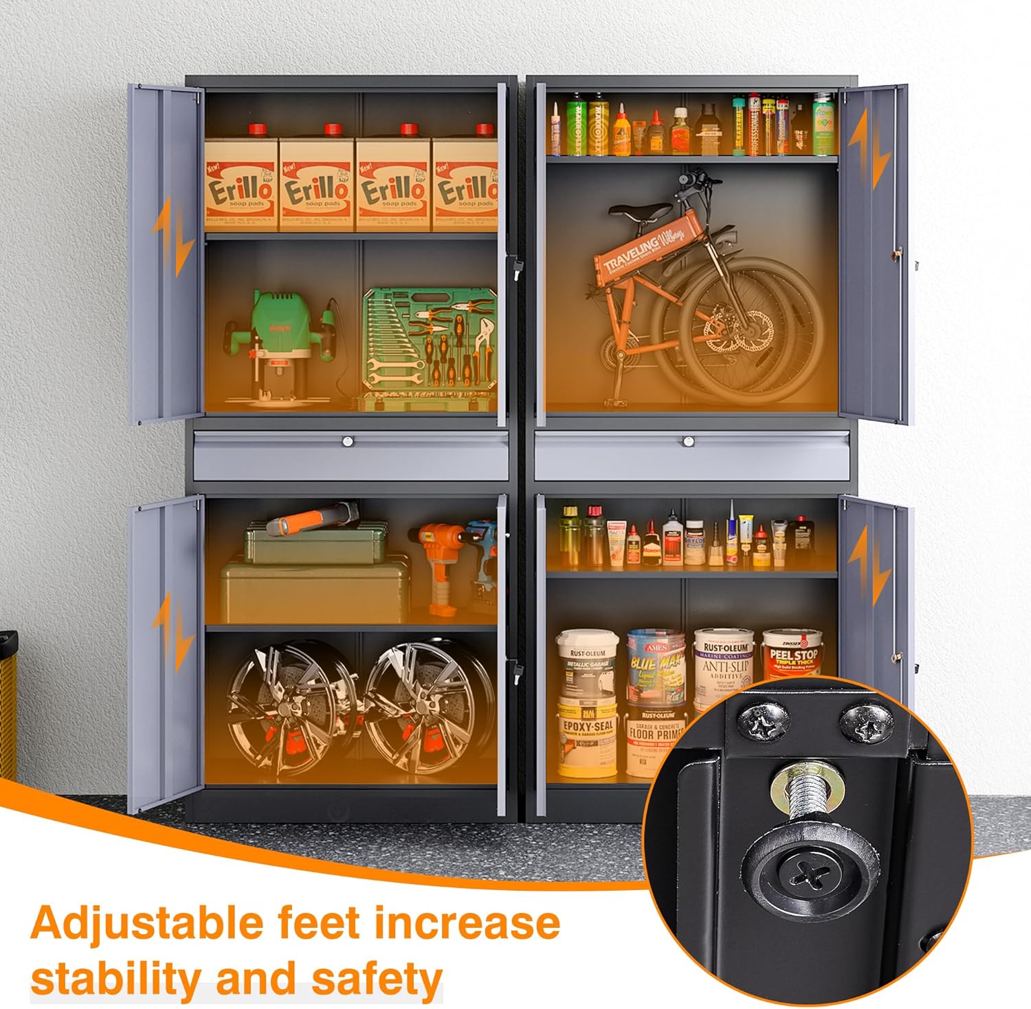 Garage Storage Cabinet, Heavy Duty Metal Tool Cabinet with 1 Drawer, 71'' Tall Storage Cabinets with Doors and Shelves for Garage Home Office Utility Room, Black & Grey
