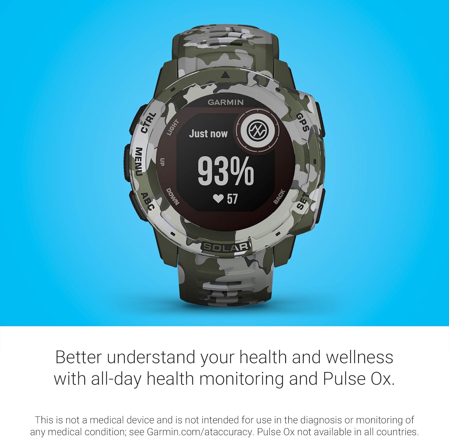 Garmin Instinct Solar, Rugged Outdoor Smartwatch with Solar Charging Capabilities, Built-in Sports Apps and Health Monitoring, Lichen Camo (Renewed)