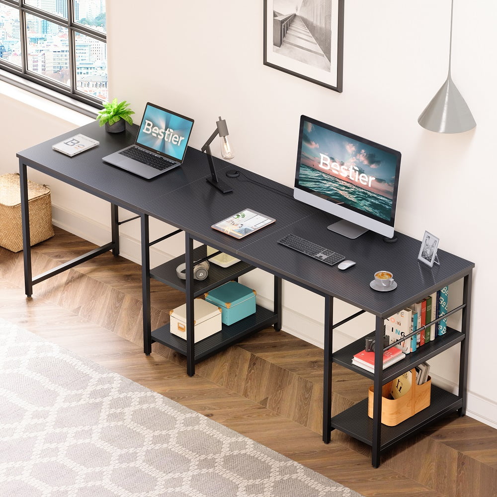Bestier 86.6 inch L-Shaped Reversible Computer Desk Long Table with Shelves Carbon Fiber Black
