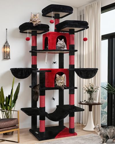 Globlazer Big Cat Tower for Indoor Cats, 80inch Cat Tower for Multiple Adult Cats XXL Cat Tree with Scratching Post, Hammock, 3 Perches, 2 Condos, 2 Hanging Basket, F80, Light Grey