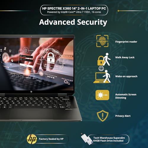HP Spectre 14T x360 2-in-1 Laptop Intel i7-1355U 10 Cores,Win 11 Pro,13.5" 3:2 Touch,16GB RAM,512GB SSD,B&O Speakers, FPR, Tilt Pen,Nightfall, 64GB Tech Warehouse Flashdrive