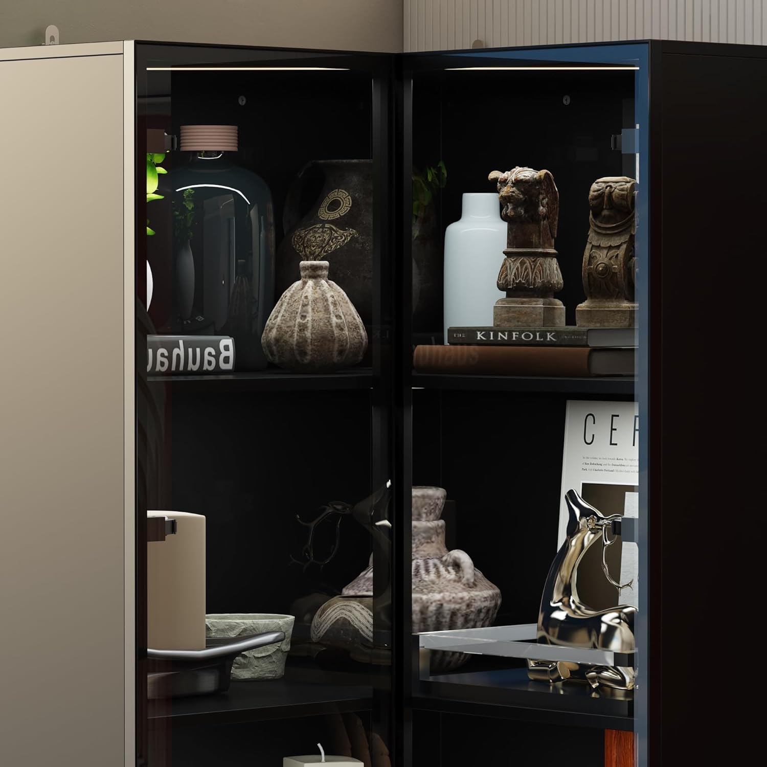 AIEGLE Corner Storage Cabinet with Glass Door and Light, L Shaped Display Cabinet with 2 Doors and 4 Shelves, Modern Bookcase Curio Cabinet for Living Room, Home Office, Black, 31.5"L x 31.5"W x 63"H
