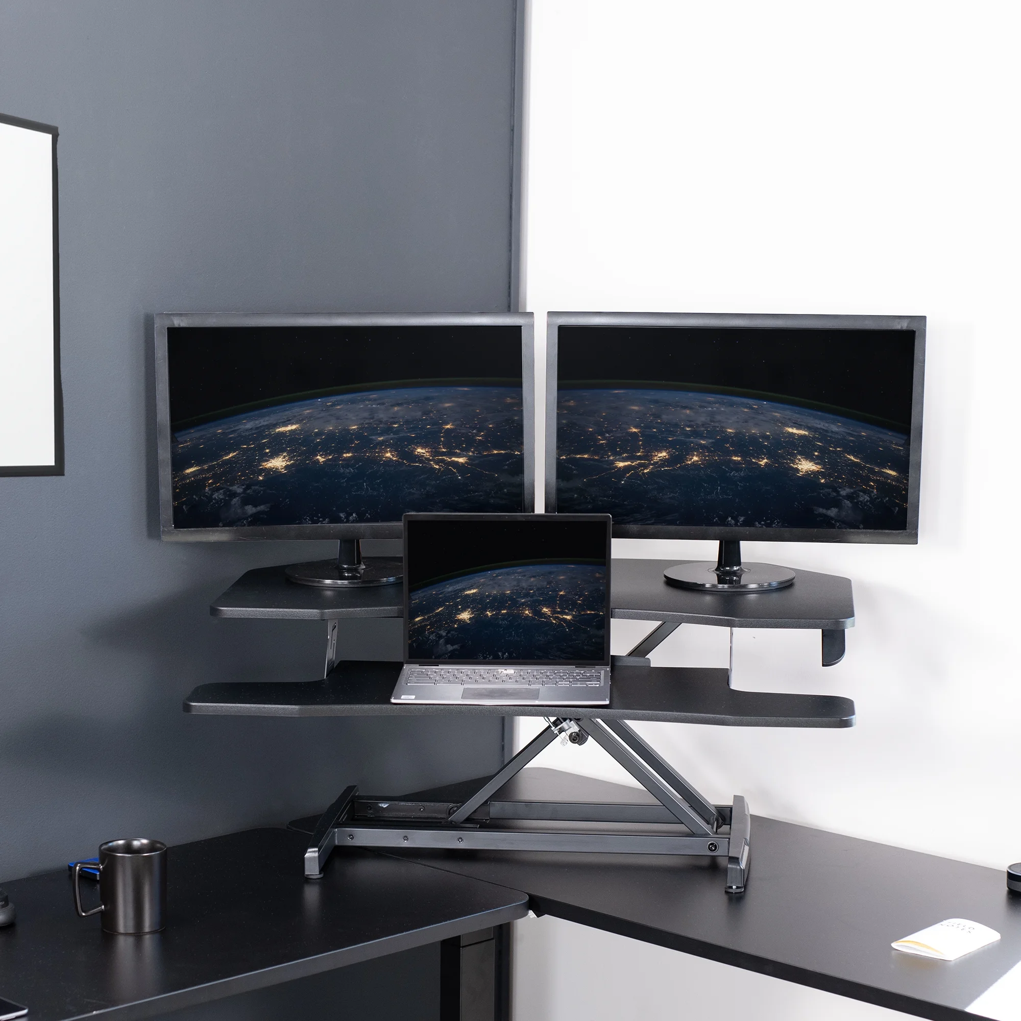 VIVO Black Corner Height Adjustable 38" Standing Desk Tabletop Monitor Riser