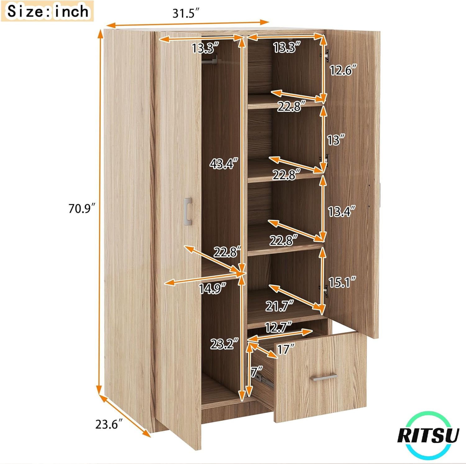 RITSU Armoire Wardrobe 2 Doors, Freestanding Clothes Cabinet w/ 1 Drawer, 5 Open Shelves and Hanging Rod, Versatile Wooden Storage Closets Organization for Bedroom, Natural, 31.5 Inch