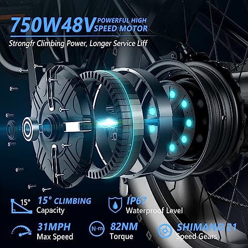 PEXMOR Electric Bike for Adults, 750W(Peak 1000W) 30MPH | Full Suspension Mountain Ebike, 60+ Miles 48V 12AH Removable Battery, 26 Fat Tire Foldable Commuter Electric Bicycle 21 Speed, UL2849