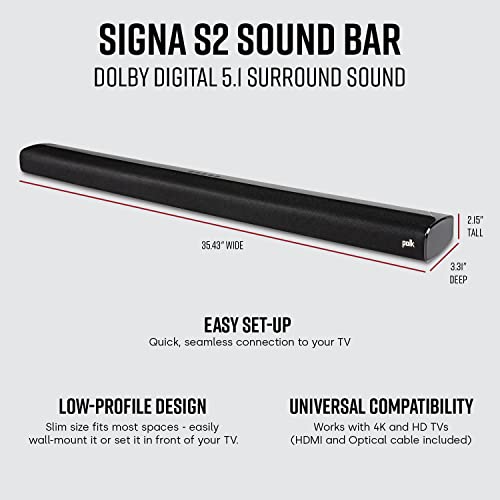 Polk Audio Signa S2 Sound Bar & Wireless Subwoofer – Exclusive VoiceAdjust Technology, Ultra-Slim Design, Works with 4K & HD TVs, HDMI & Optical, Bluetooth, Wireless Streaming
