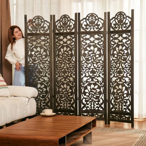 5.75Ft Room Divider Wood Carved Wall Divider Indoor Folding Portable Partition Screen for Home Office Garden Terrace - 4 Panel (Antique Brown)