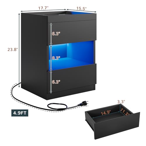 VIAGDO Set of 2 Nightstands with Charging Station and LED Lights, LED Night Stand Set 2 with 2 Drawers and Drawer Organizer, Modern Glass Top Bedside Tables, End Side Tables for Dorms, Bedrooms