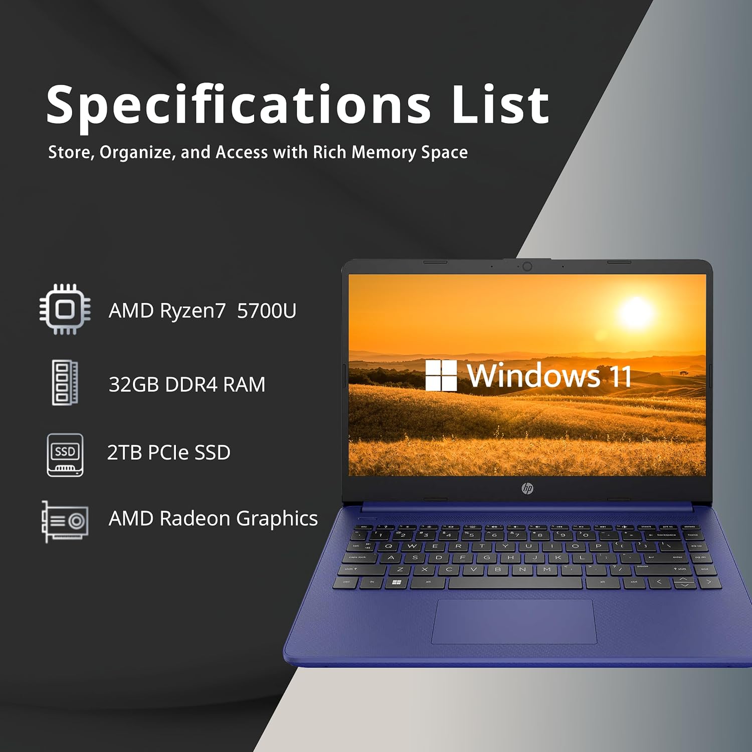 HP Touchscreen Laptop, 14" HD Business Laptop, AMD Ryzen 7-5700U, 32GB RAM, 2TB PCIe SSD, AMD Radeon Graphics, HD Webcam, WI-FI 6, Bluetooth, HDMI, Blue, Windows 11, 32GB USB Card