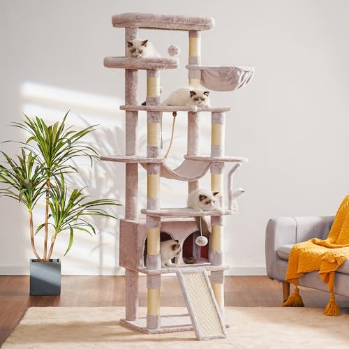 Heybly Gothic Cat Tree,78 inch Multi-Level Tall Cat Tower for Indoor Cats,2 Widened Plush Perches Cat Condo with Scracthing Board and Big Caves,Black and Red HCT033BR