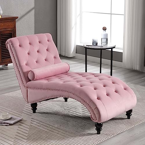 Chaise Lounge Chair Indoor, Modern Button Tufted Velvet Upholstered Leisure Accent Chair with Solid Wood Legs & Lumbar Pillow, Recliner Sofa Single Sleeper Sofa for Living Room, Bedroom, Pink