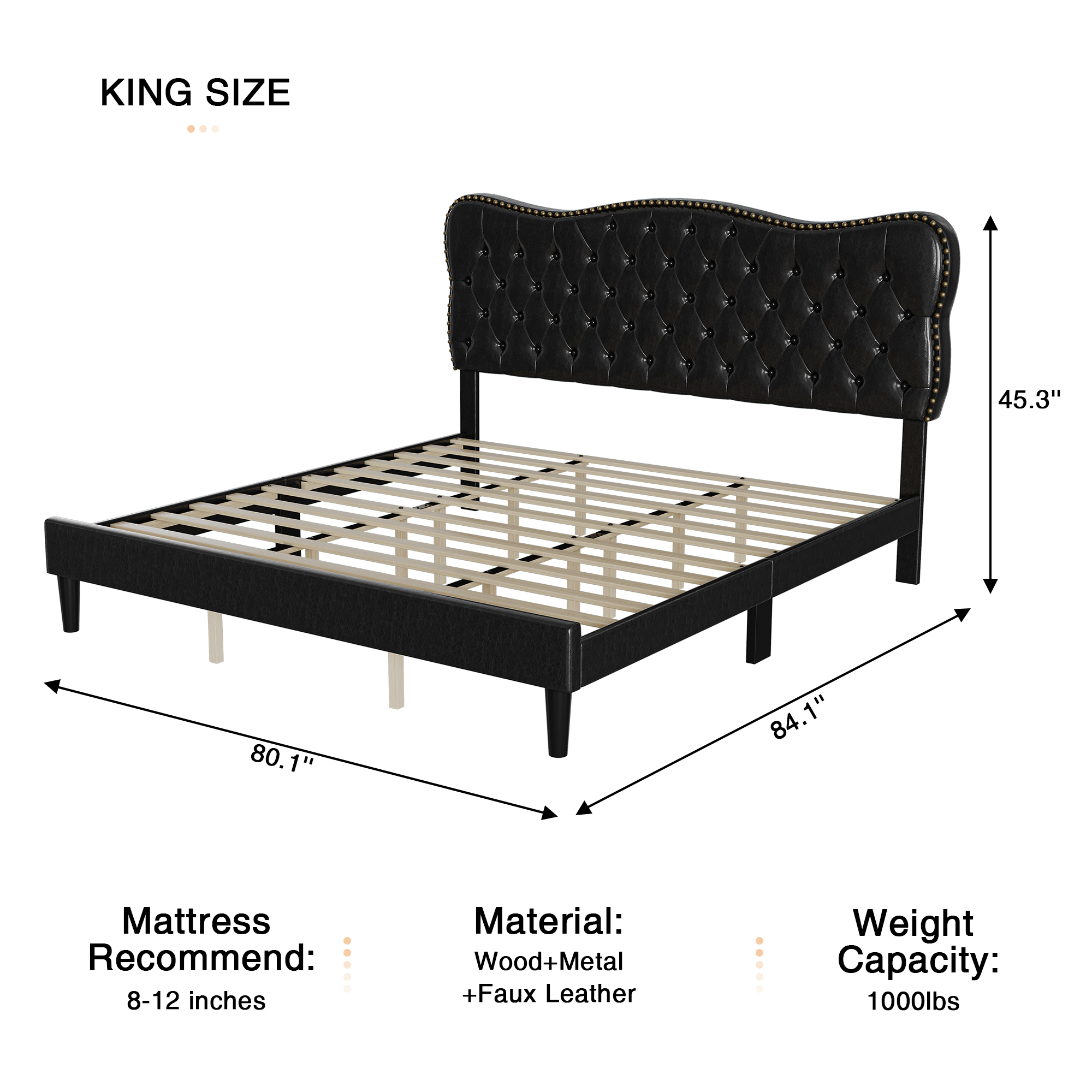 WhizMax Easy Assembly Faux Leather King Size Bed Frame with Durable Structure, Platform Design, and No Box Spring Needed in Black