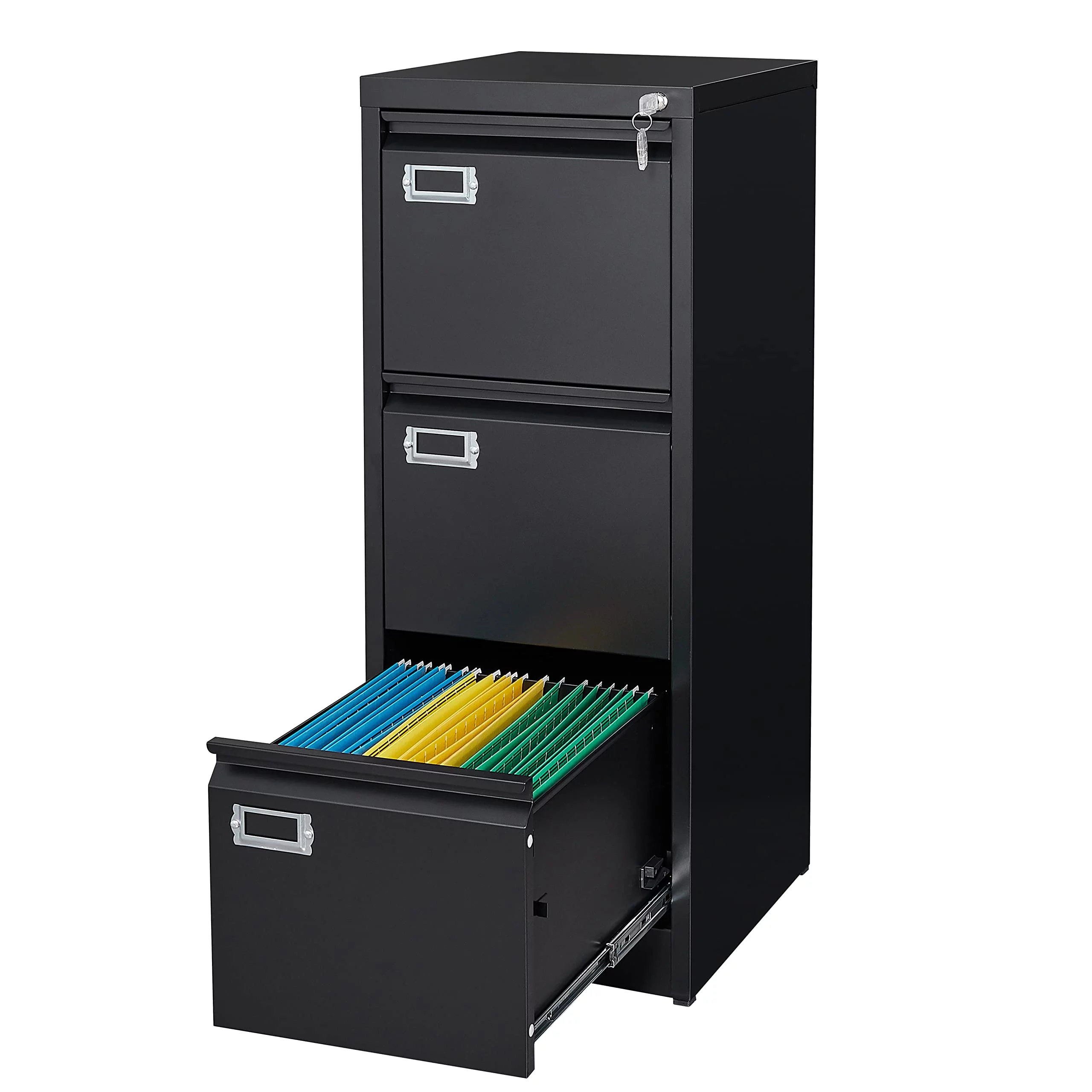 STANI 3 Drawer Black File Cabinet with Lock, Filing Cabinets for Home Office, Metal Locking Office File Storage Cabinets with Drawers, Vertical Small Filing Cabinet Organizer for Legal/A4