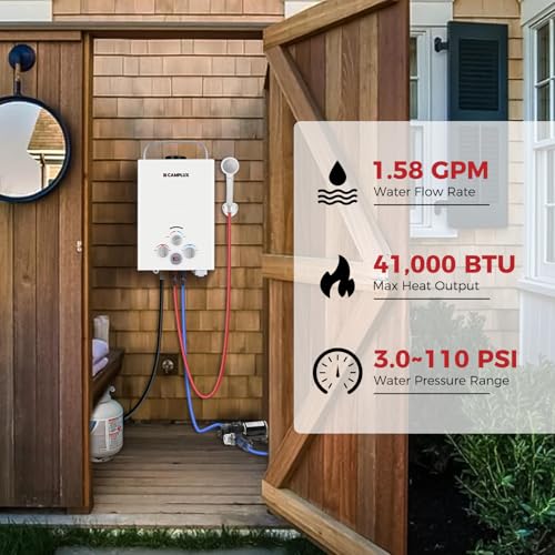 CAMPLUX 2.64 GPM Propane Portable Gas Water Heater, 68,000 BTU Outdoor Tankless Camping Water Heater with Digital Display, White