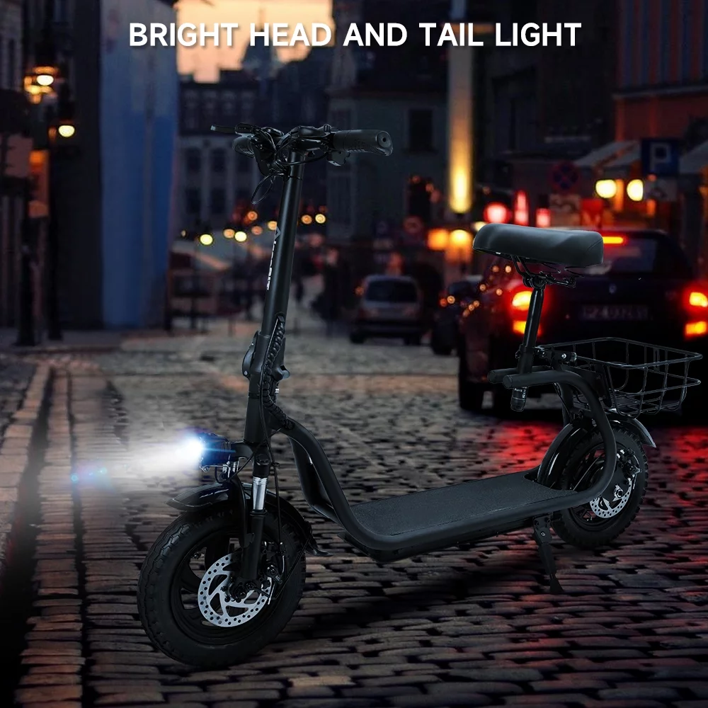 Adult Electric Scooter with Seat & Carry Basket, New Upgraded 500W 36V Up to 19 Mph- LCD Display-Moped for Adults-Foldable-Oversized Soft Seat-Dual Shock Absorption E-Bike