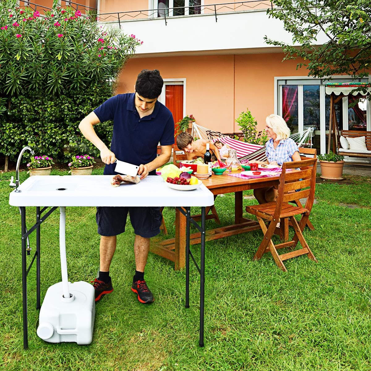 Giantex Folding Fish Cleaning Table, Camping Table with Sink and Faucet, Picnic Table with Drain Hose, Outdoor Cutting Table, Portable Fish Table, 45x 23.6x 37.4