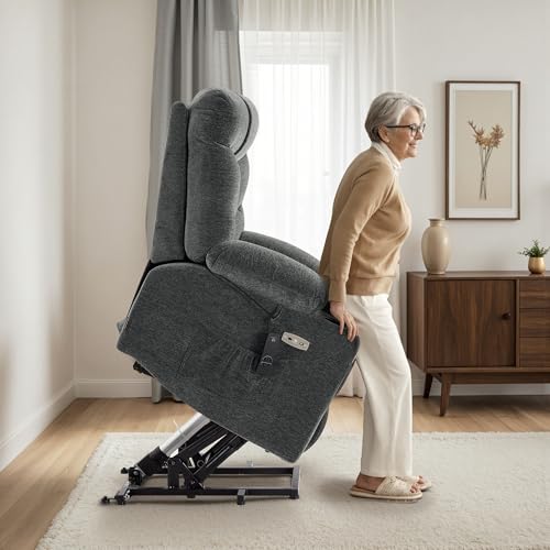 MCombo Power Lift Recliner Chair with Extended Footrest for Elderly People, Fabric 7287 (Navy Blue, Medium)