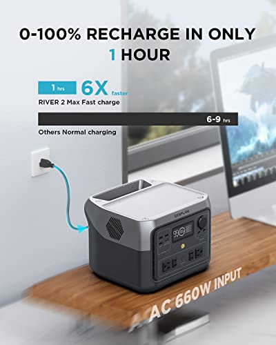 EF ECOFLOW Portable Power Station RIVER 2 Max 500, 499Wh LiFePO4 Battery/ 1 Hour Fast Charging, Up To 1000W Output Solar Generator (Solar Panel Optional) for Outdoor Camping/RVs/Home Use