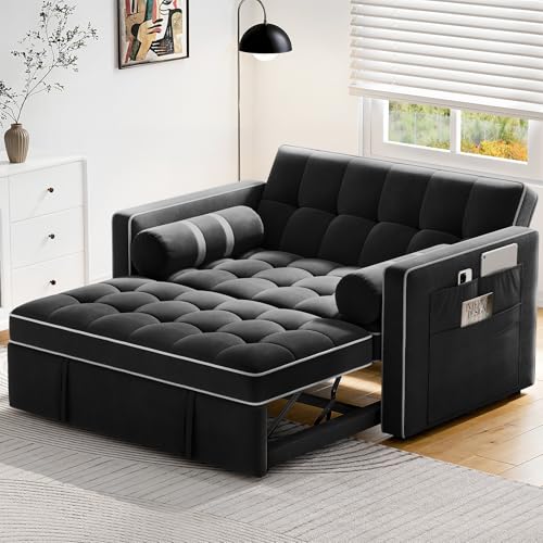Pipishell 3 in 1 Convertible Sleeper Sofa Bed,Pull Out Couch for Living Room with USB Ports & Side Pockets,Adjustable Backrest,Velvet,Loveseat Sofa Bed,Futon Couches,Black