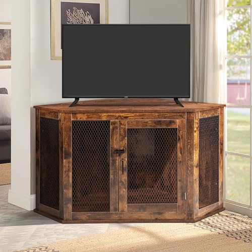VITESSE Corner Dog Crate Furniture, 44/52inch Durable Wooden Dog Kennel End Table, Indoor Decorative Puppy Kennel with Metal Mesh, Heavy-Duty Pet House for Large Dogs with Portable Switch, TV Stand