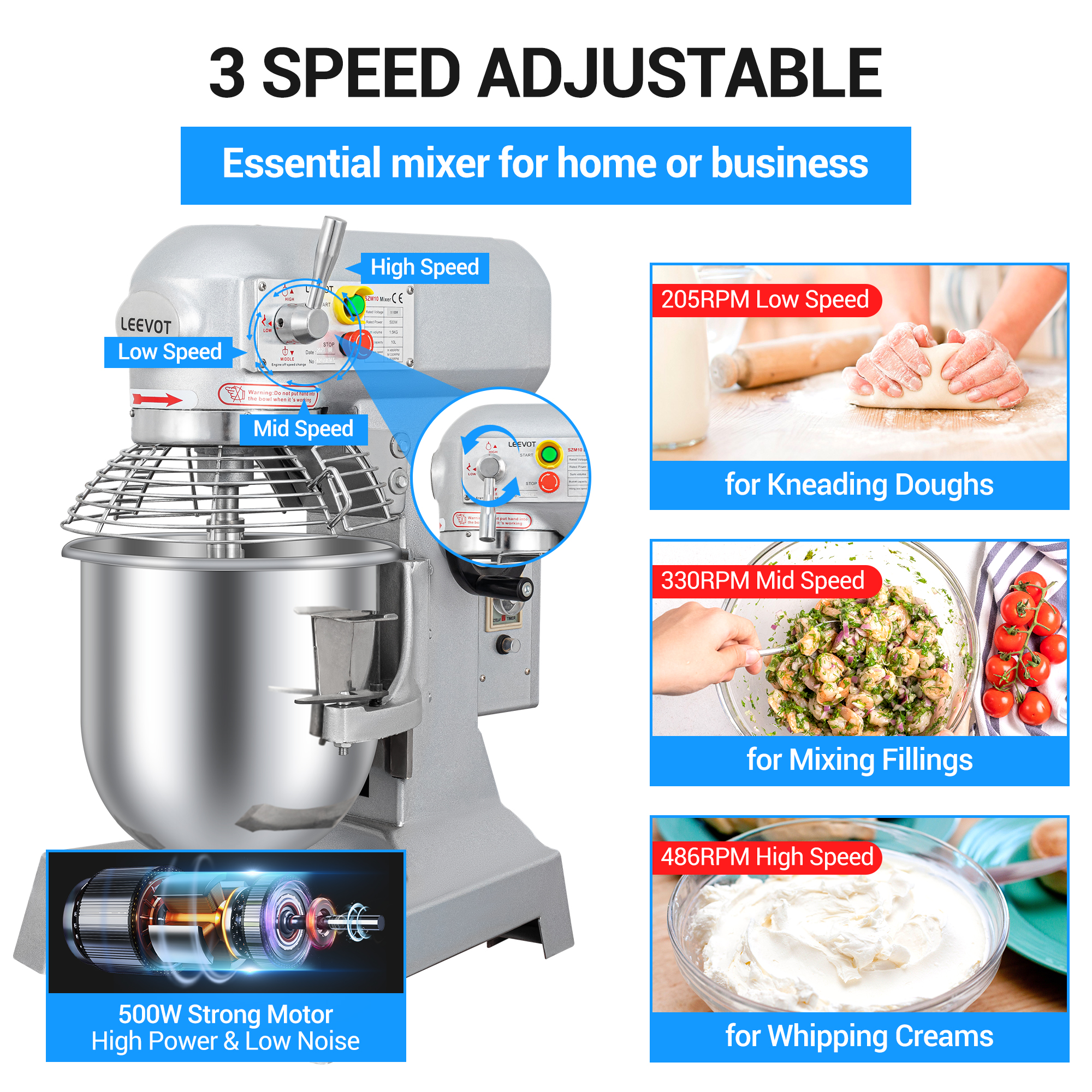 LEEVOT Commercial Stand Mixer 3-Speed Dough Mixer Commercial Food Mixer 10qt 500W