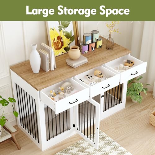 Extra Large Dog Crate Furniture with 3 Drawers, Indoor Heavy Duty Dog Kennel House, 55.3" Furniture Style Dog Crate Side End Table TV Stand for XL Large Medium Breed Dogs, White