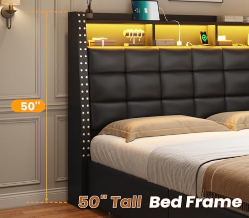 Itaar Queen Bed Frame with Storage Headboard and 4 Drawers, 50" High Upholstered Headboard with Hidden Storage, Platform Bed Frame with Led Lights and Charging Station, No Box Spring Needed, Gray