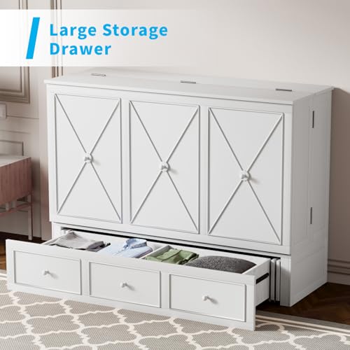 Mjkone Murphy Bed Cabinet with Tri-Folding Mattress, USB Charging Station & Storage Drawers, Multi-Purpose Guest Room Wall Bed, Space-Saving Murphy Cabinet Bed - Grey