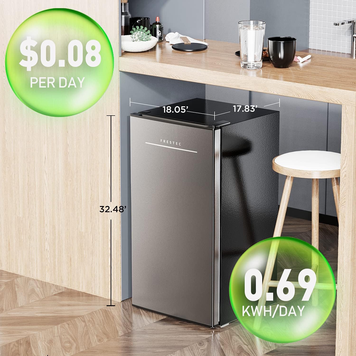 3.2 Cu.Ft Mini Fridge with Freezer, Single Door Small Refrigerator, 6 Settings Mechanical Thermostat, One-Touch Defrosting System, Energy Saving, Dorm Refrigerator Ideal for Office, Bedroom, Stainless Look