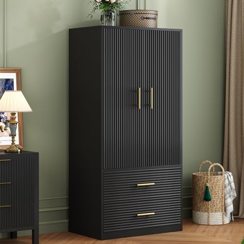 Armoire Armoire Wardrobe Closet with 2 Wave Doors, Storage Closet Cabinet with 2 Drawers, Hanging Rod, Freestanding Wooden Closet for Bedroom(White)
