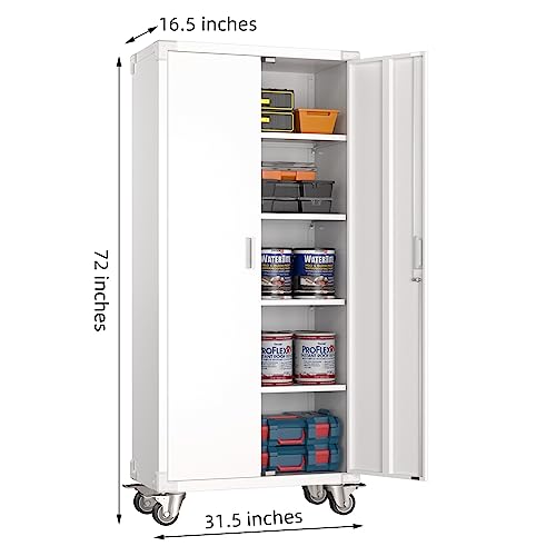 Aobabo Garage Storage Cabinet with Wheels,72" H Metal Storage Cabinet with 2 Doors and 4 Adjustable Shelves for Garage Home, Black,Required-Assembly