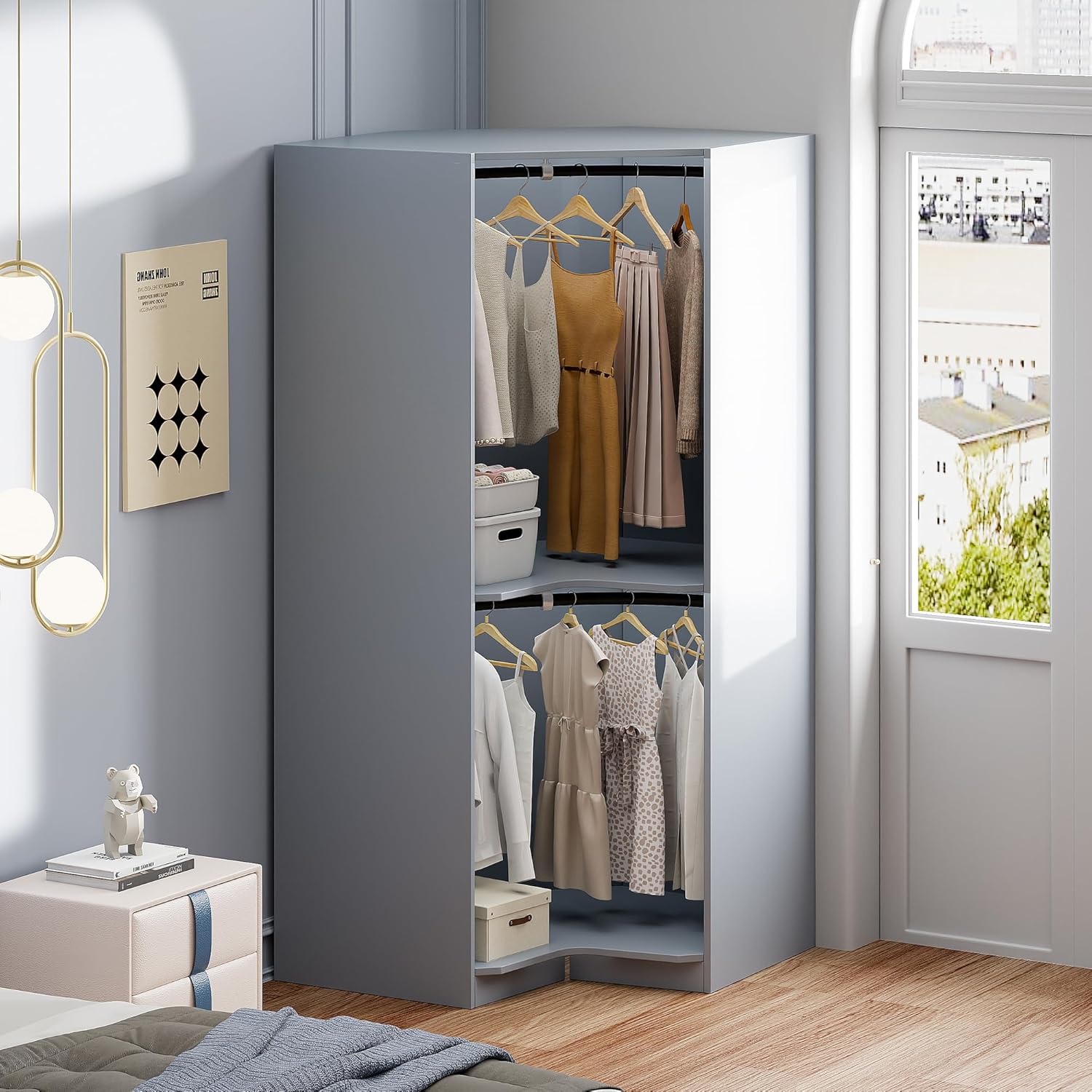 Armoir Wardrobe Closet & Cabinet - Functional Clothes Storage with Hanging Rail, Wooden Corner ArmoireWardrobe Freestanding for Bedroom, Locker Room, Home Office,Garage,roperos para guardar ropa