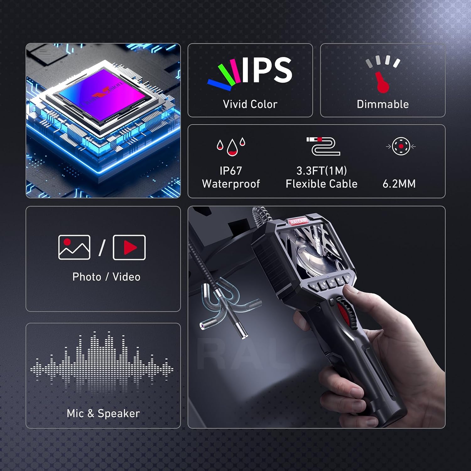 Ralcam Articulating Borescope, 2-Way 180° Inspection Camera, 6.2mm Lens IP67 Waterproof Probe, 6 Adjustable LED Lights, 3.5'' Portable IPS Screen Endoscope with 3.3FT/1.0M Flexible Cable