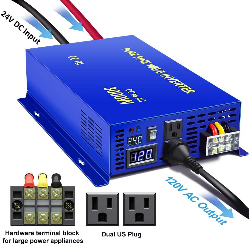 XYZ INVT 2500W Pure Sine Wave Inverter 24v to 110V 120V AC with Wireless Remote Switch, 5000 watt Surge, Power Inverter for Truck, RV Car Camping, Solar System, Grid Off.