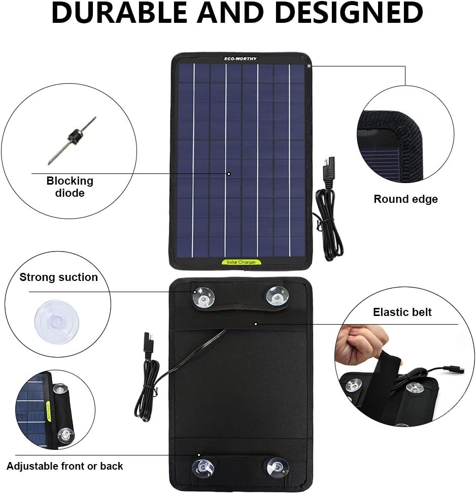 ECO-WORTHY 12 Volt 10 Watt Solar Car Battery Charger & Maintainer, Solar Panel Trickle Charger, Portable Power Backup Kit with Alligator Clip Adapter for Car, Boat, Automotive, Motorcycle, RV