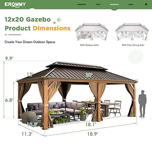 EROMMY 14'x20' Hardtop Gazebo Double Roof Galvanized Steel Canopy Outdoor Aluminum Frame Permanent Metal Pavilion with Netting and Curtains for Patio Backyard Deck and Lawns