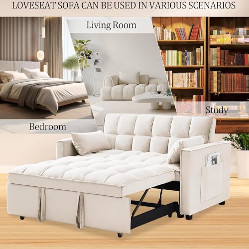 3 in 1 Sleeper Sofa Couch Bed, Velvet Convertible Loveseat Sleeper Sofa with 3 Level Adjustable Backrest, Storage Pockets, Toss Pillows, Pull Out Loveseat Sleeper for Living Room, Black