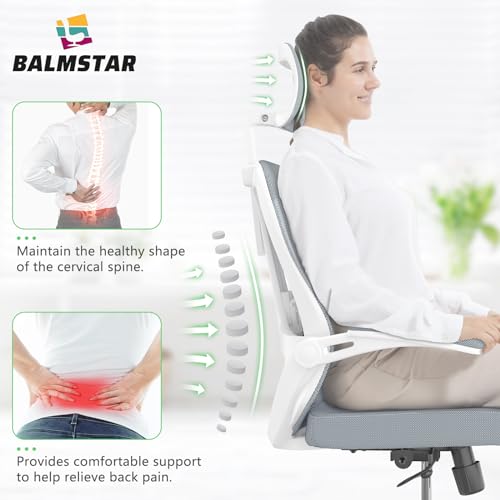 Office Chair Ergonomic desk chair with 350LBS Capacity, Comfort Mesh computer chair, High Back Gaming Chair with Wheels, Adjustable Headrest, Lumbar Support, Flip-up Armrest (White+Khaki)