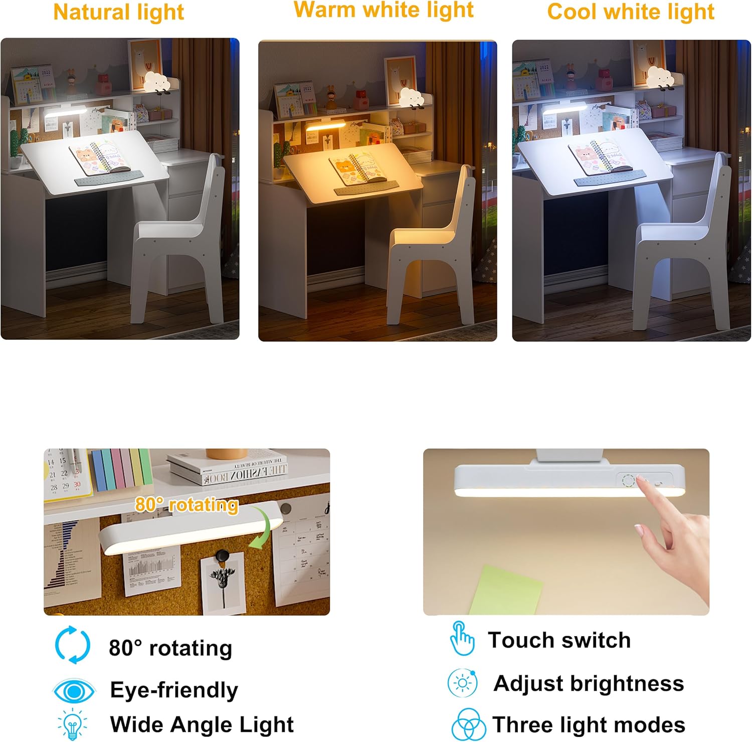 PAKASEPT Kids Desk and Chair Set,Kids Study Desk with 3-Color Lights,Tiltable Desktop,Multi Functional Study Table for Kids 5-12,Student Writing Desk with Hutch and Storage Cabinet for Bedroom