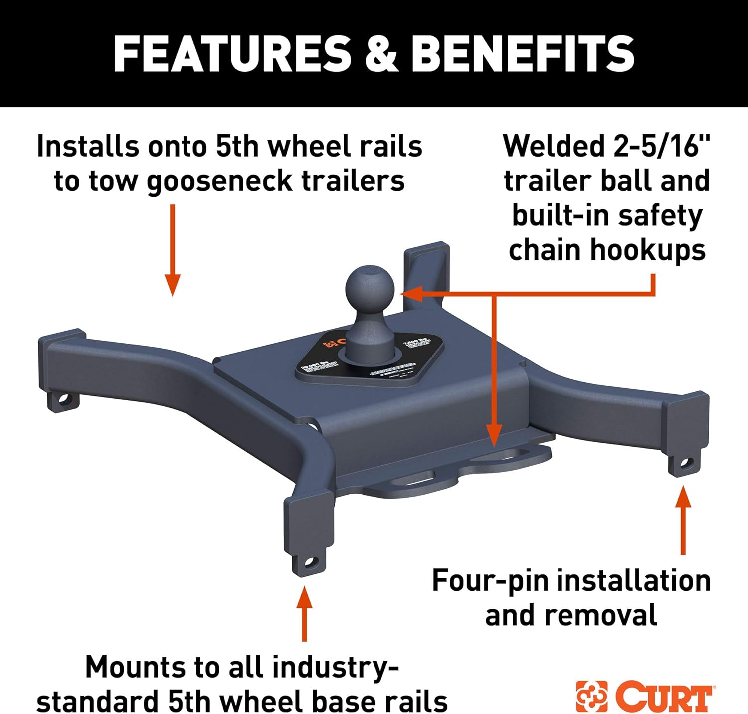 CURT 16090 Spyder 5th Wheel to Gooseneck Adapter Hitch, Fits Industry-Standard Rails, 30,000 lbs, 2-5/16-Inch Ball