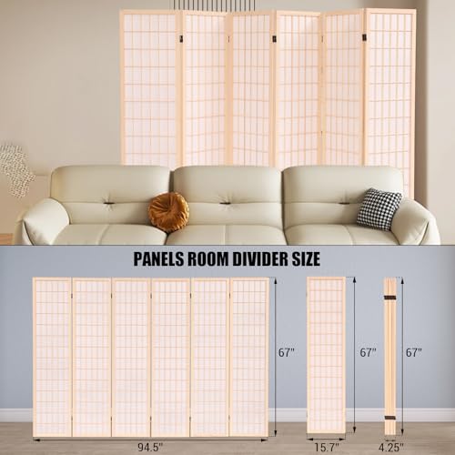 Freestanding Japanese Shoji Screen Room Divider 6 Panels – 5.6FT Tall Foldable Wooden Privacy Partition for Home, Office, Garden & Meditation Space (67" H)