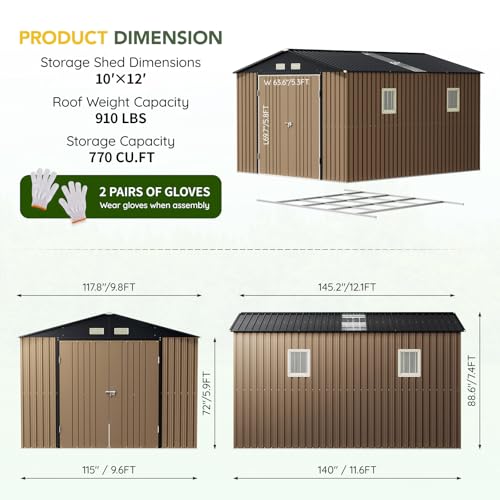Outdoor Storage Shed 10 x 12ft. Utility Tool Shed Metal Storage Garden Shed with Lockable Doors, Windows & Metal Frame Floor for Patio Storage,Brown