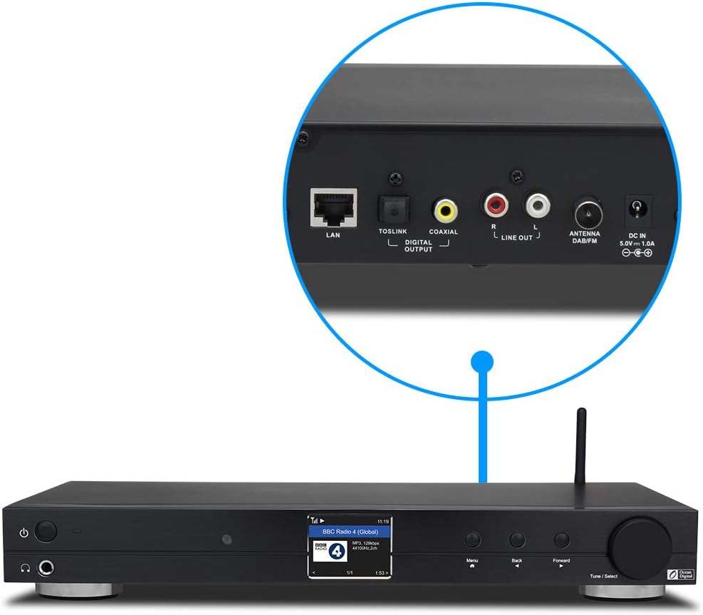 Ocean Digital WiFi Internet Component Radio Tuner (430 mm) WR10 FM/ Ethernet Bluetooth Receiver 2.4" Color Display with Digital Output to Connect Hi-Fi System -Black