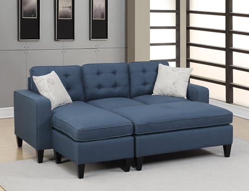 3Pc Reversible Sectional Couches for Living Room, Black Tufted Polyfiber Wood Legs Chaise Sofa with Ottoman Pillows Cushion Couch
