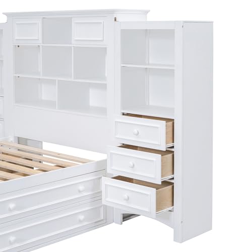 Twin Storage Bed, Wood Platform Bed with Bookcase Headboard and 10 Drawers, Modern Wooden Captain Beds Frame for Kids Boys Girls Teens, Gray