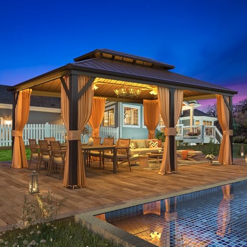 EROMMY 14'x20' Hardtop Gazebo Double Roof Galvanized Steel Canopy Outdoor Aluminum Frame Permanent Metal Pavilion with Netting and Curtains for Patio Backyard Deck and Lawns