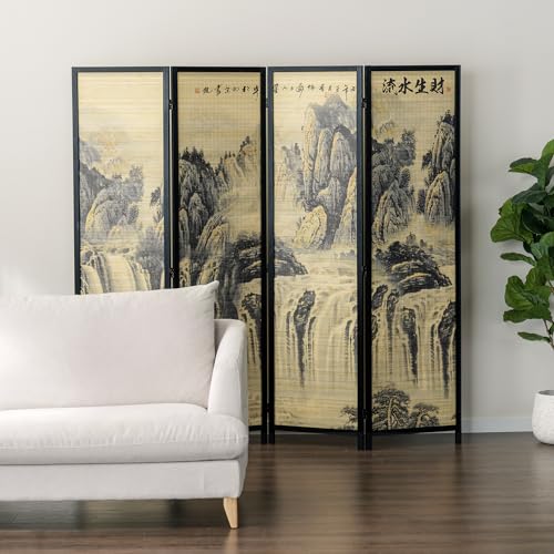 MyGift 4-Panel Folding Bamboo Room Divider Asian-Inspired Cherry Blossom Scene, 6 FT Freestanding Floral Artwork Room Partitioner with Beige Wood Frame