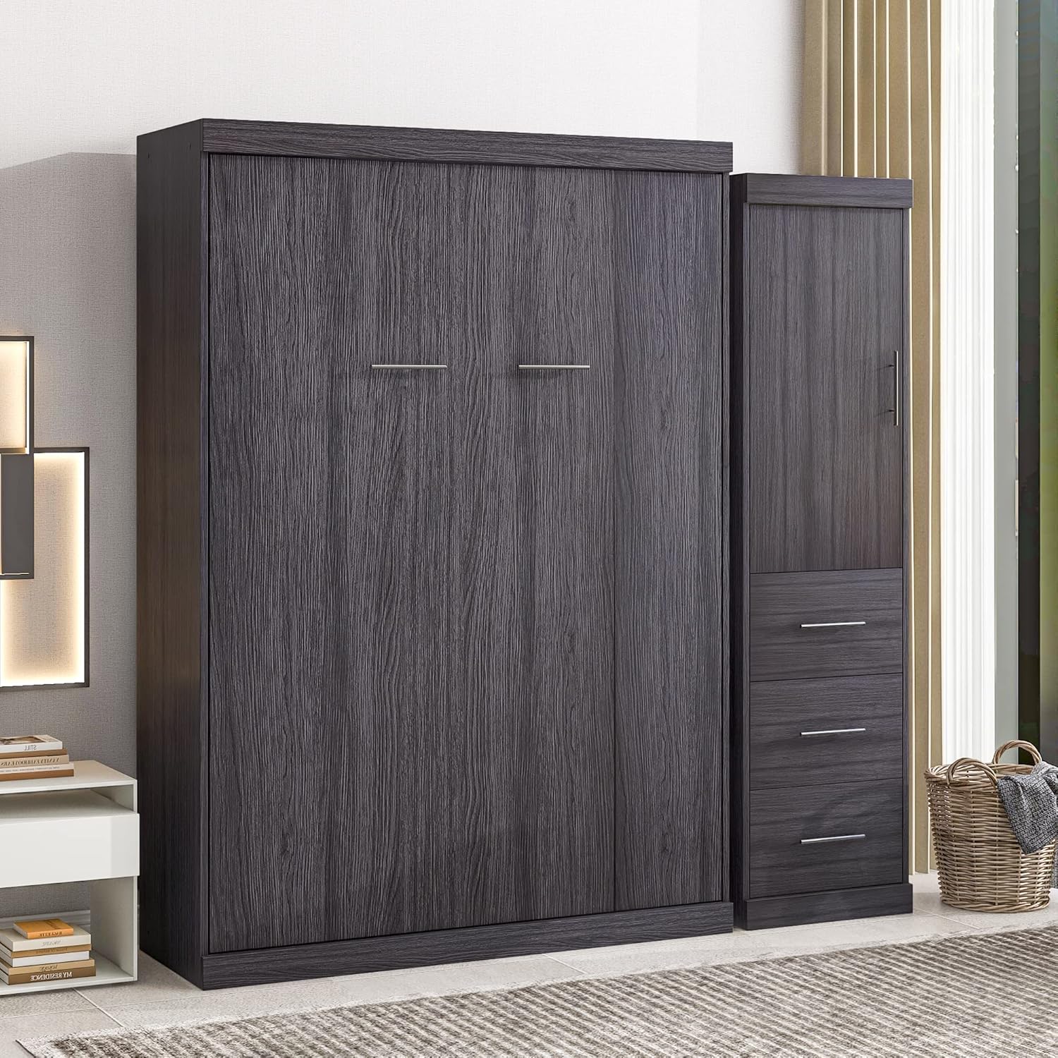 Full Size Murphy Bed Storage Cabinet, Wood Murphy Bed with Wardrobe and Drawers, can be Folded into a Cabinet, Suitable for Small Room Living Room/Bedroom