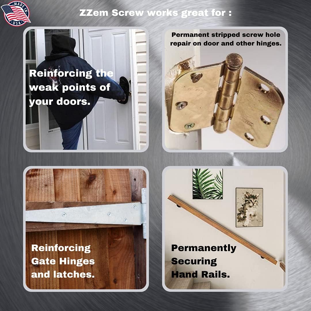 ZZem Screw 8 Pack Stripped Screw Hole Repair Kit - Door Hinge Stripped Screw Hole Repair Kit for Hinges, Strike Plate, Hand Rails Door Reinforcement Kit Pack of 2